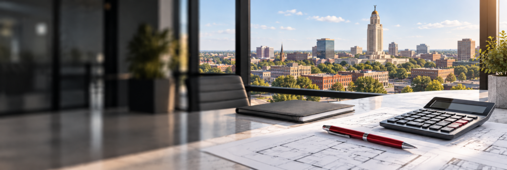 Calculator and commercial property plans on a desk overlooking modern office buildings.