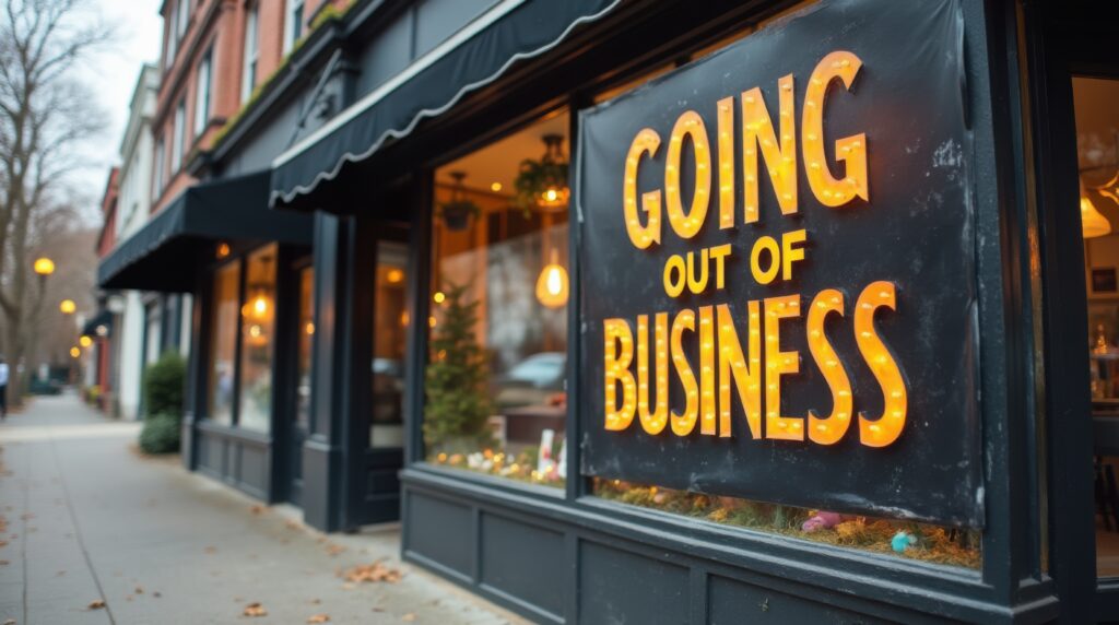 Storefront with illuminated “Going Out of Business” sign in window